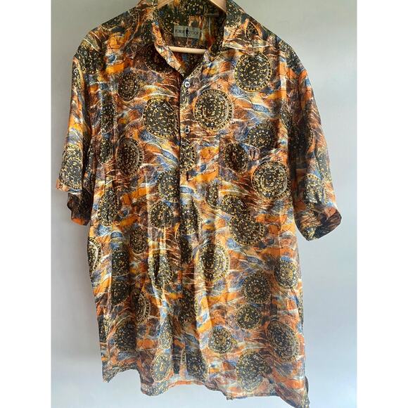 Robert Stock L Button Up Short Sleeve Silk Abstract Medallion Silk - Picture 1 of 13